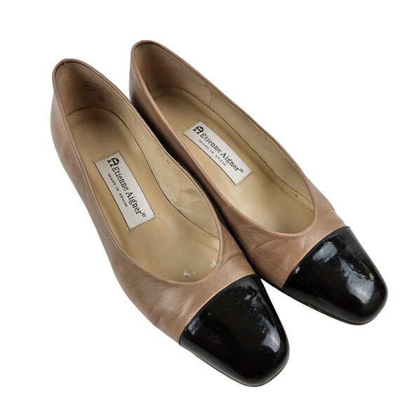 Etienne Aigner Women's Leather Heels 7.5M Black Taupe Square Toe Block Heel - Picture 1 of 10